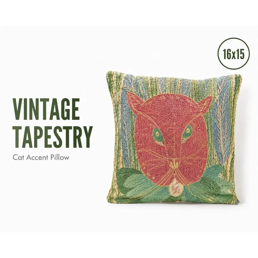 Vintage Crewel Embroidered Cat Pillow Textured Fiber Art Cushion